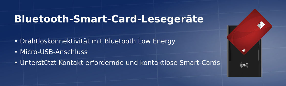 Smart-Card-Lesegeräte mit Bluetooth Low Energy (BLE) unterstützen Kontakt erfordernde und kontaktlose Smart-Cards nach ISO-14443, NFC, ISO 18092 und MIFARE.