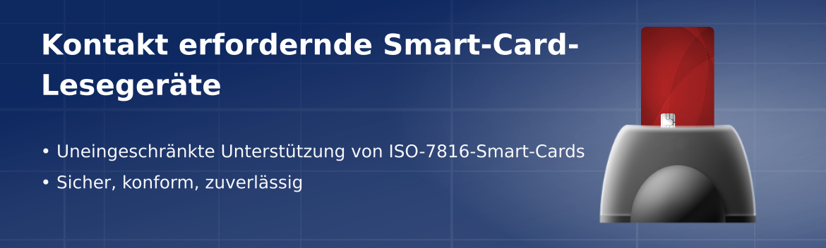 Smart-Card-Lesegeräte für mit der Norm ISO 7816 kompatible, Kontakt erfordernde Smart-Cards mit Chip für den Einsatz bei Desktop-, Laptop- und Mobilgeräten.