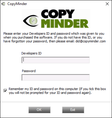 CopyMinder login screen